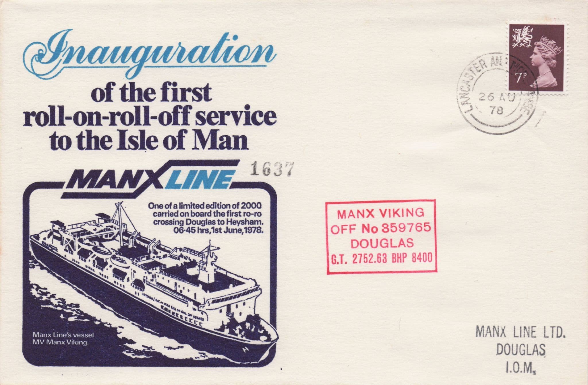 Inaugeration Of The First Roll On Roll Off Service Manx Line Douglas 1978 FDC