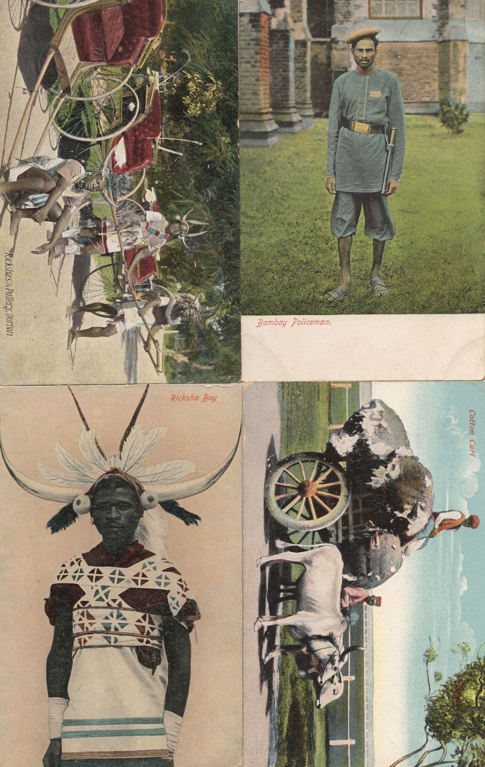 Indian Cotton Cart Ricksha Boy Bombay Policeman 4x Old Postcard s