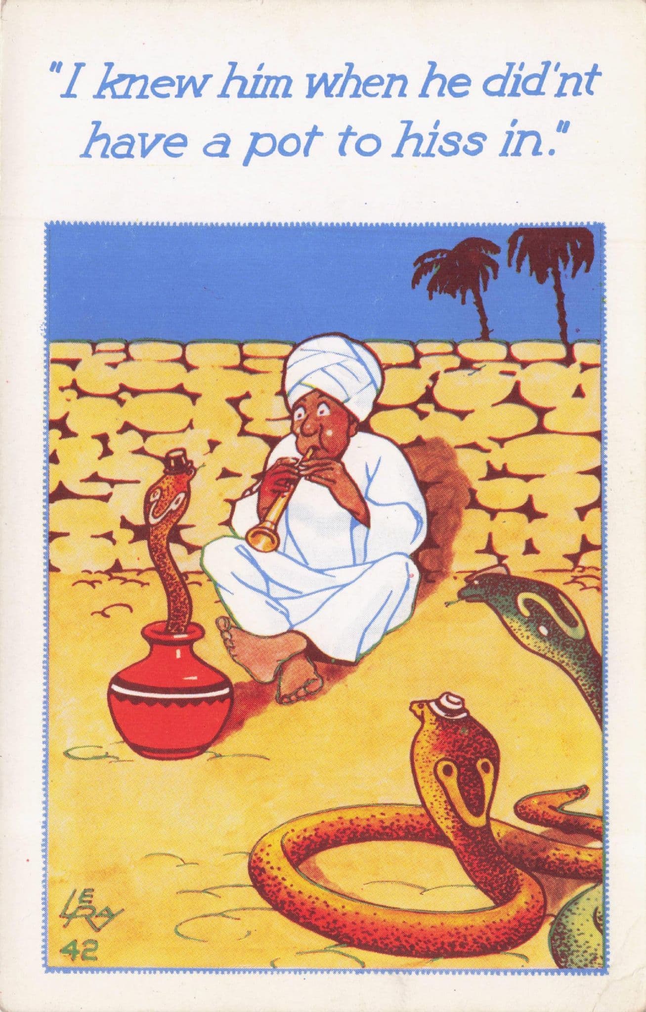 Indian Snake Reptile Charmer Magician Old Comic Postcard