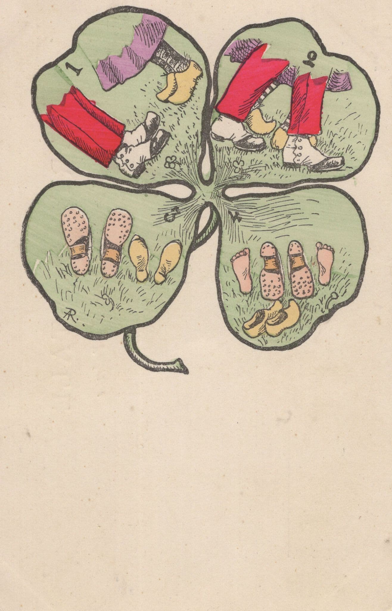Irish Four Leaf Clover Of Old Fashioned Shoes Boots Antique Postcard