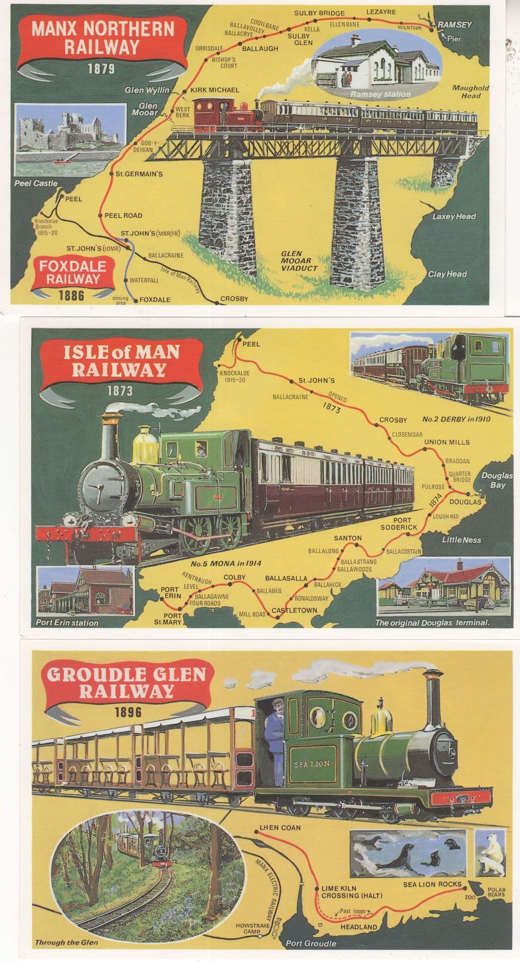 Isle Of Man Railway Manx Groudle Glen 3x Train Postcard s
