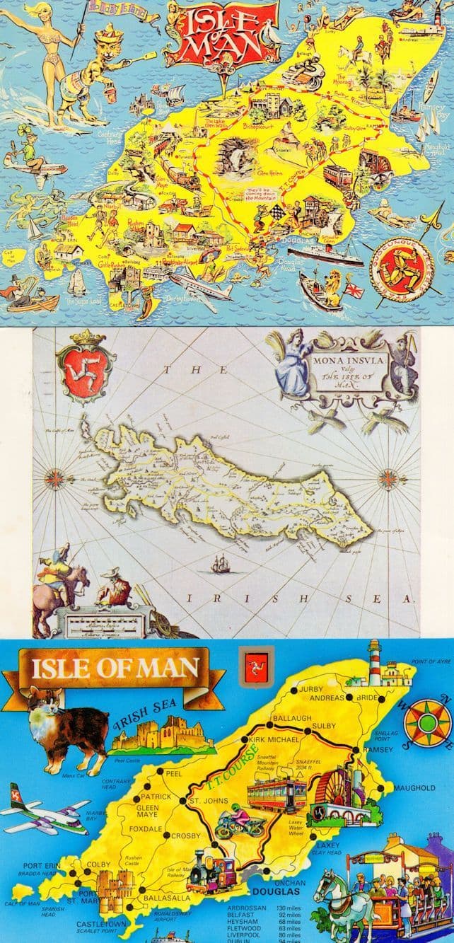 Isle Of Man Railway Tram Mona Insvla 3x Map Postcard s