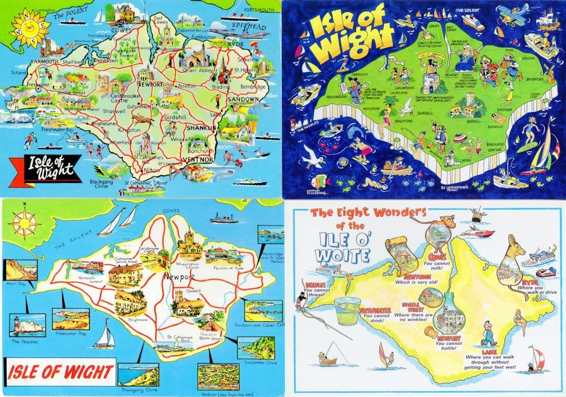Isle Of Wight 4x Comic & Cartoon 1980s Map Postcard s