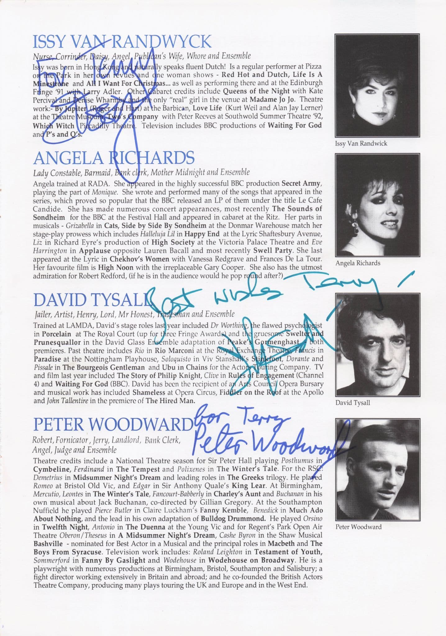 Issy Van Randwyck David Tysall Peter Woodward Hand Signed Theatre Page
