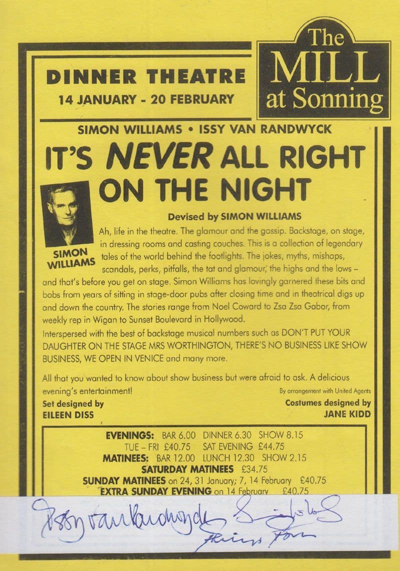 Issy Van Randwyck of Downtown Abbey Simon Williams Sonning Signed Theatre Flyer