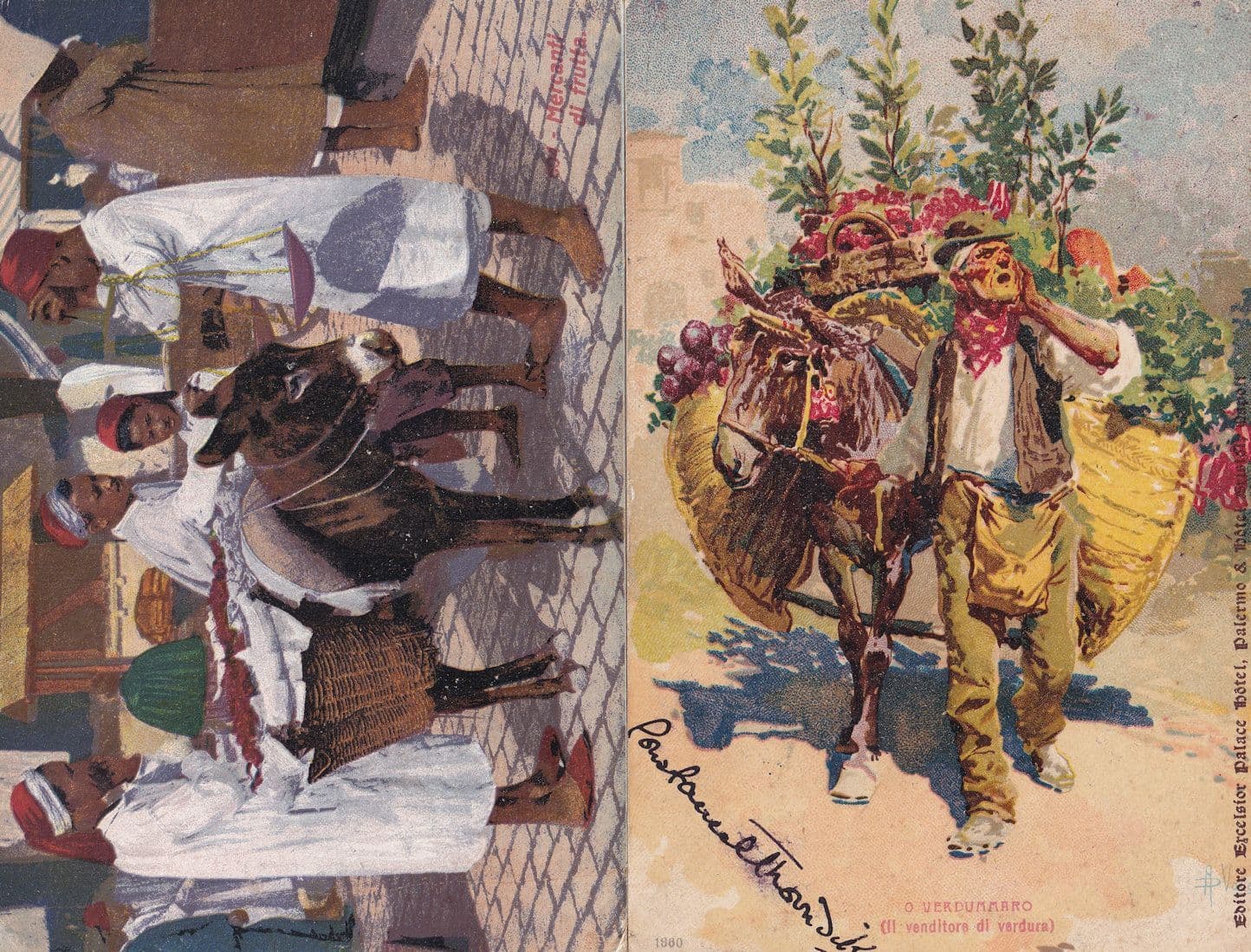 Italian Fruit Market Traders Excelsior Hotel Advertising 2x Old Postcard s