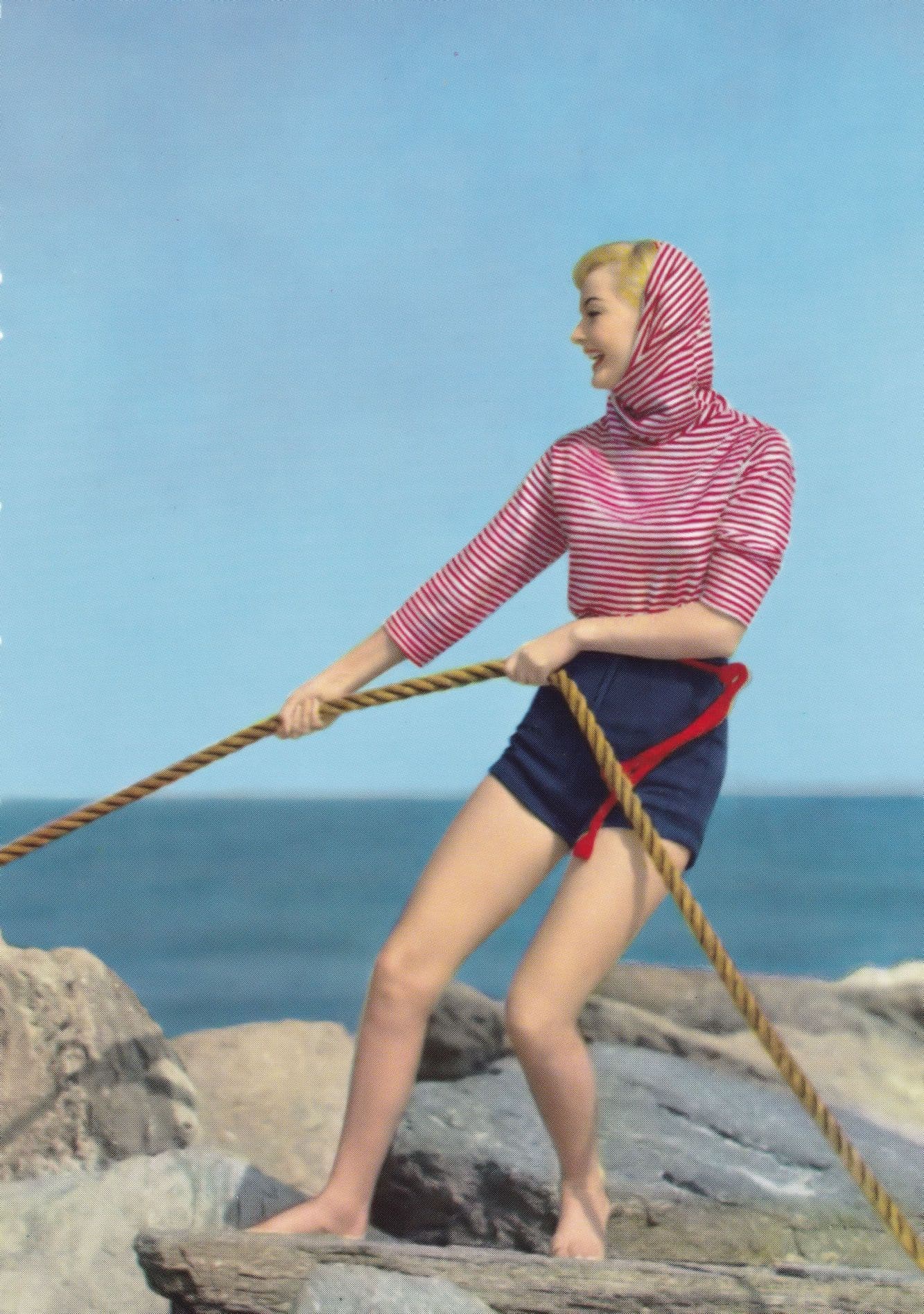 Italian Model Italy Lady Tugging at Boat Rope 1960s Postcard