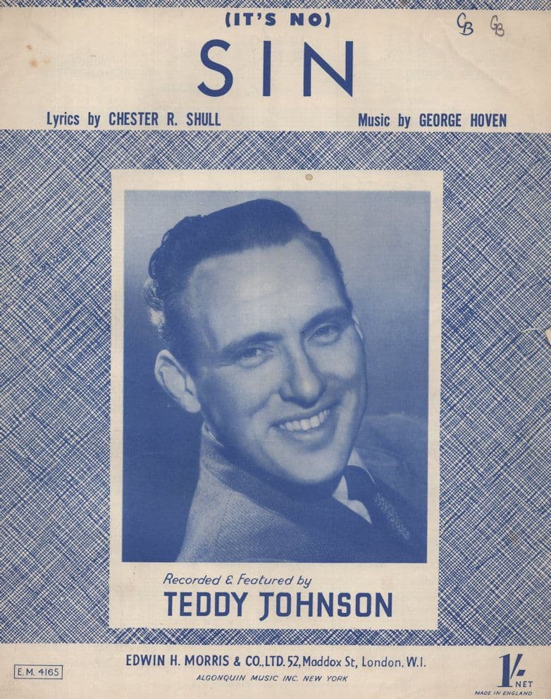 Its No Sin Teddy Johnson Rare Photo Cover 1950s Sheet Music
