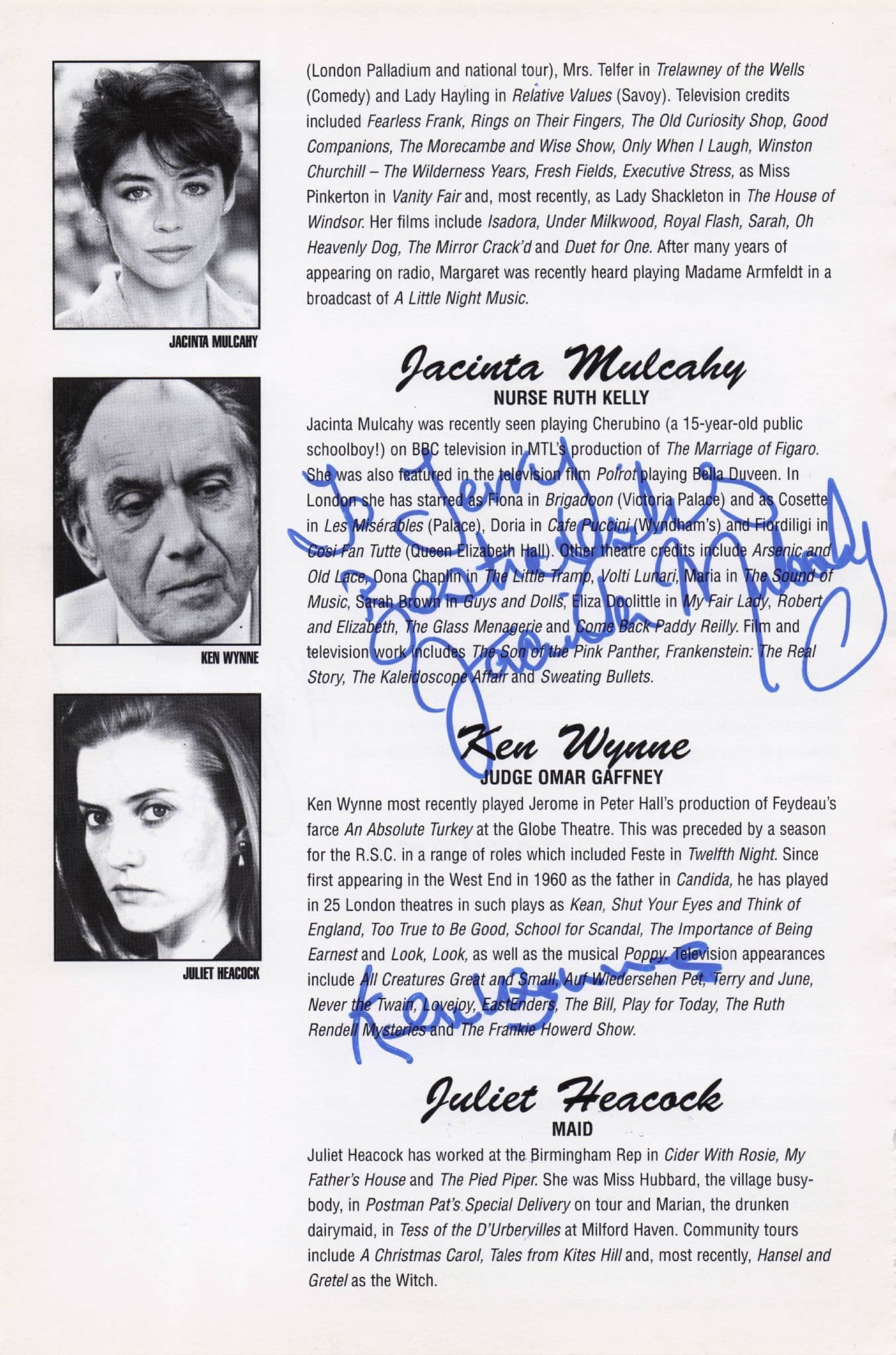 Jacinta Mulcahy Ken Wynne Margaret Courtenay Hand Signed Theatre Page