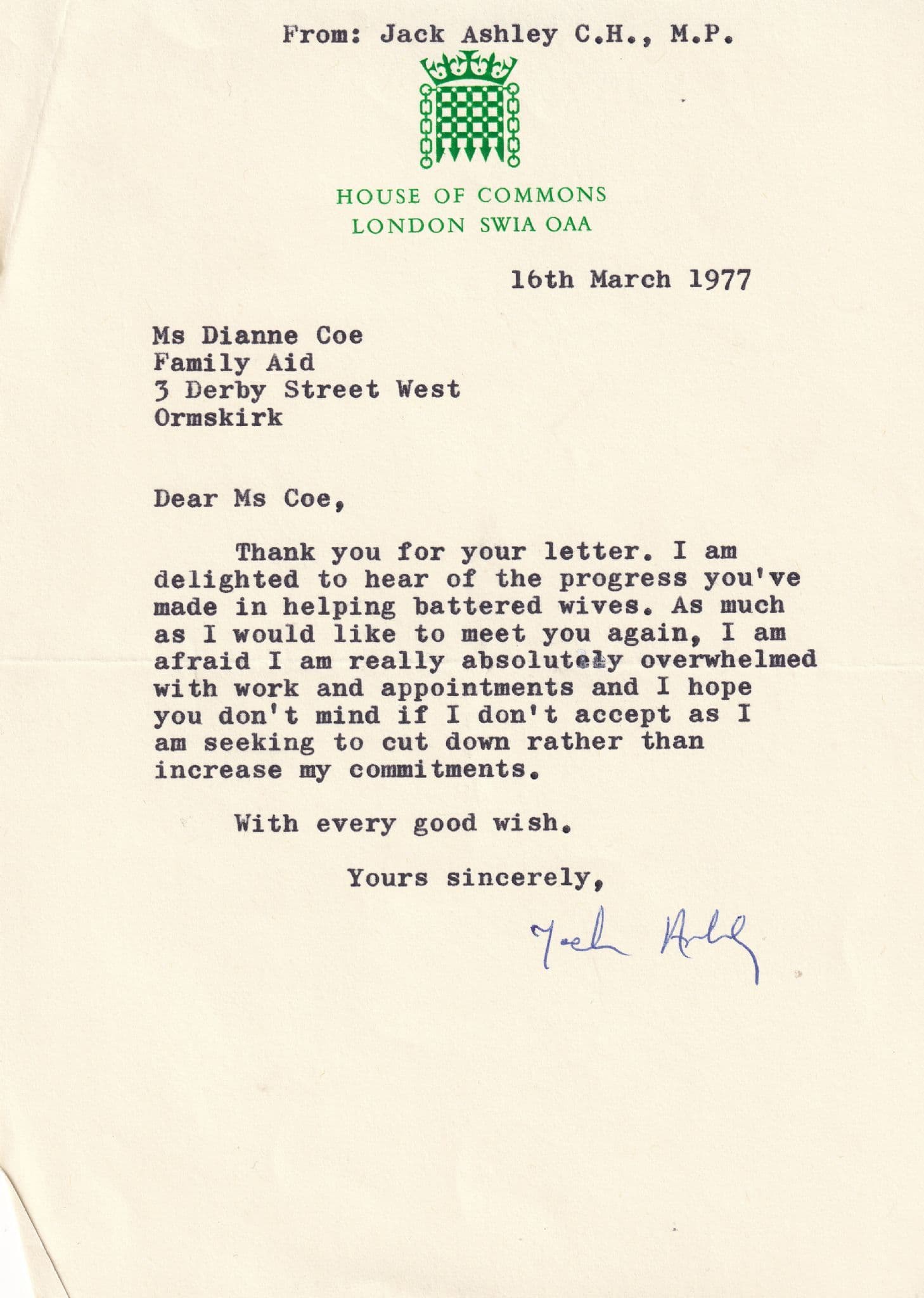 Jack Ashley 1970s Battered Wives Apology Hand Signed House Of Commons Letter