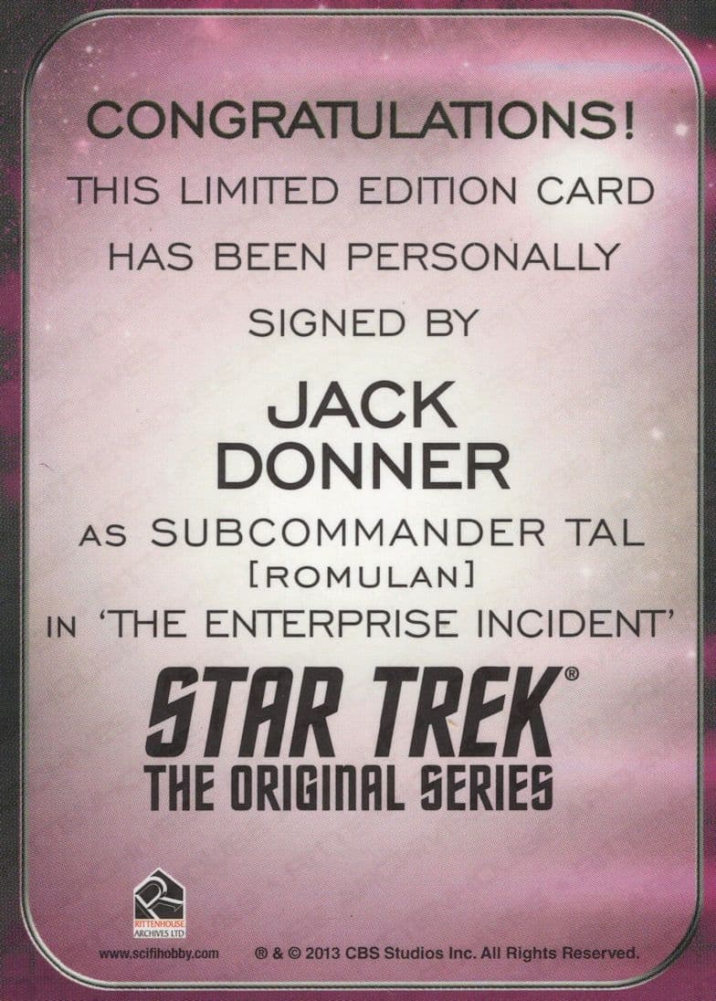 Jack Donner Star Trek The Original Series Signed Autograph Card