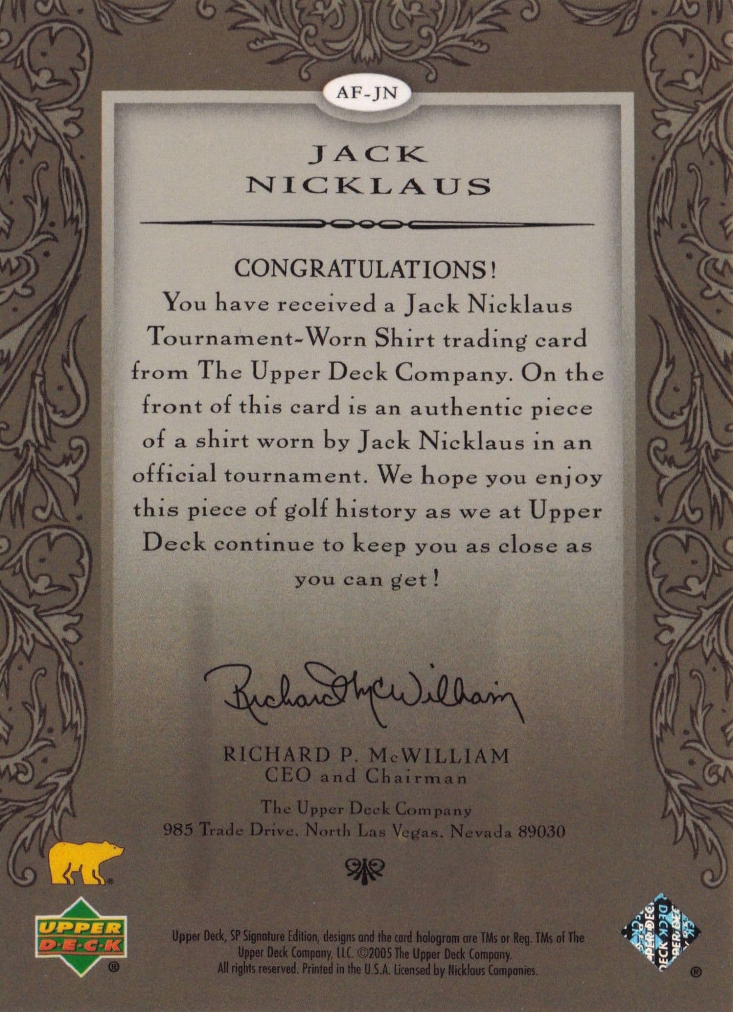Jack Nicklaus Authentic Fabrics 2005 SP Golf Upper Deck Worn Shirt Card