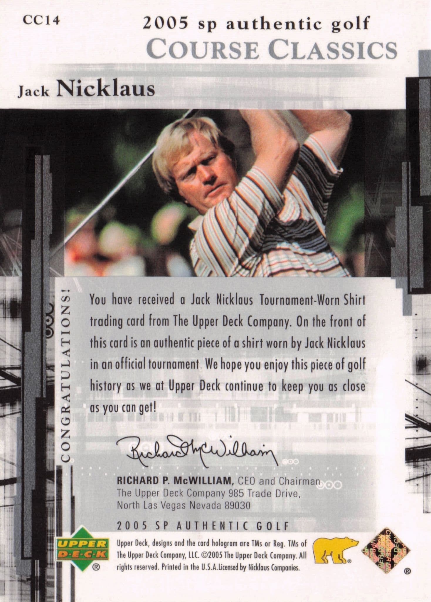 Jack Nicklaus Course Classics 2005 Golf SP Upper Deck Worn Shirt Card