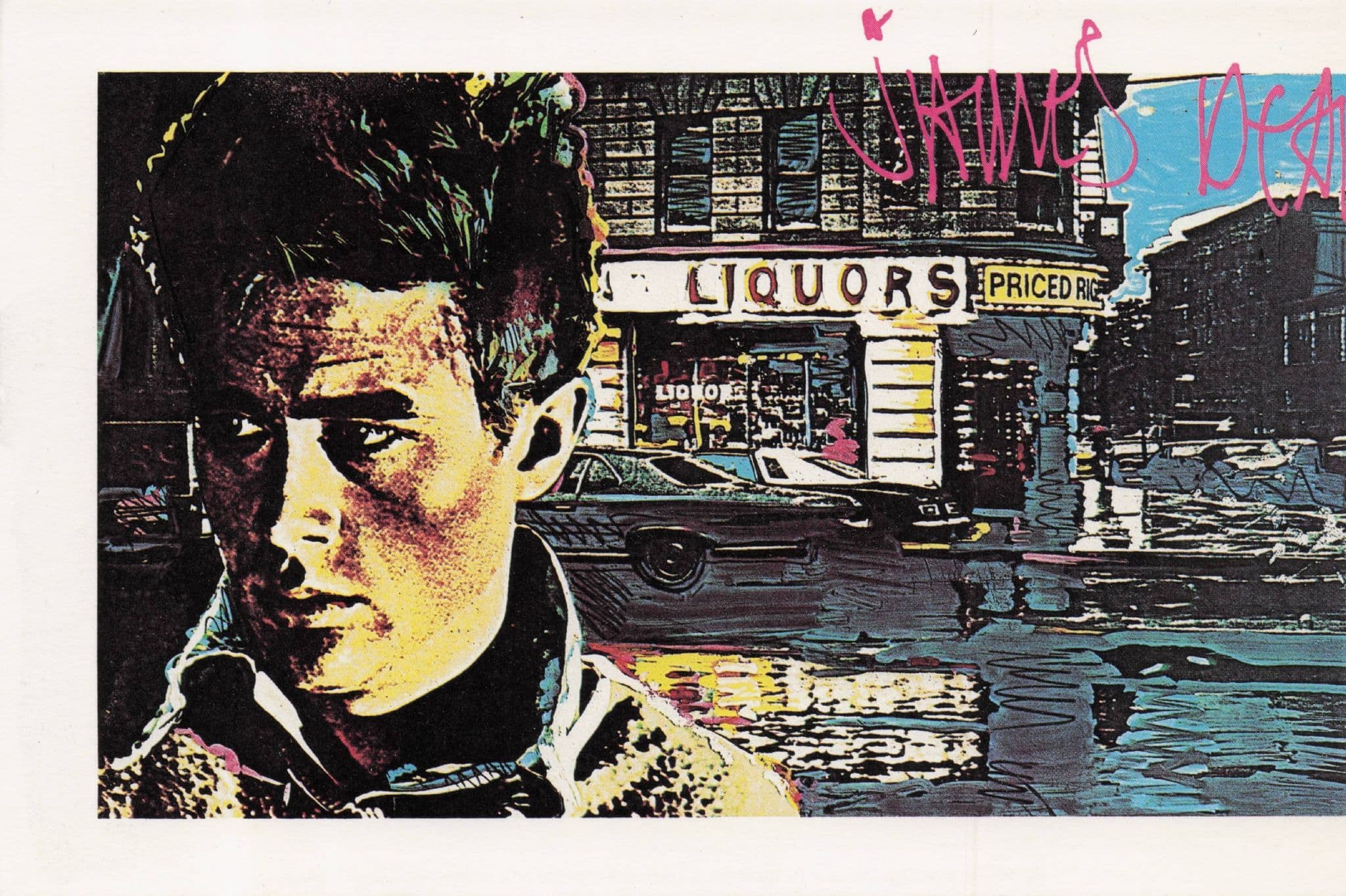 James Dean Film Actor at Liquor Store in Disaster Rain Painting Postcard