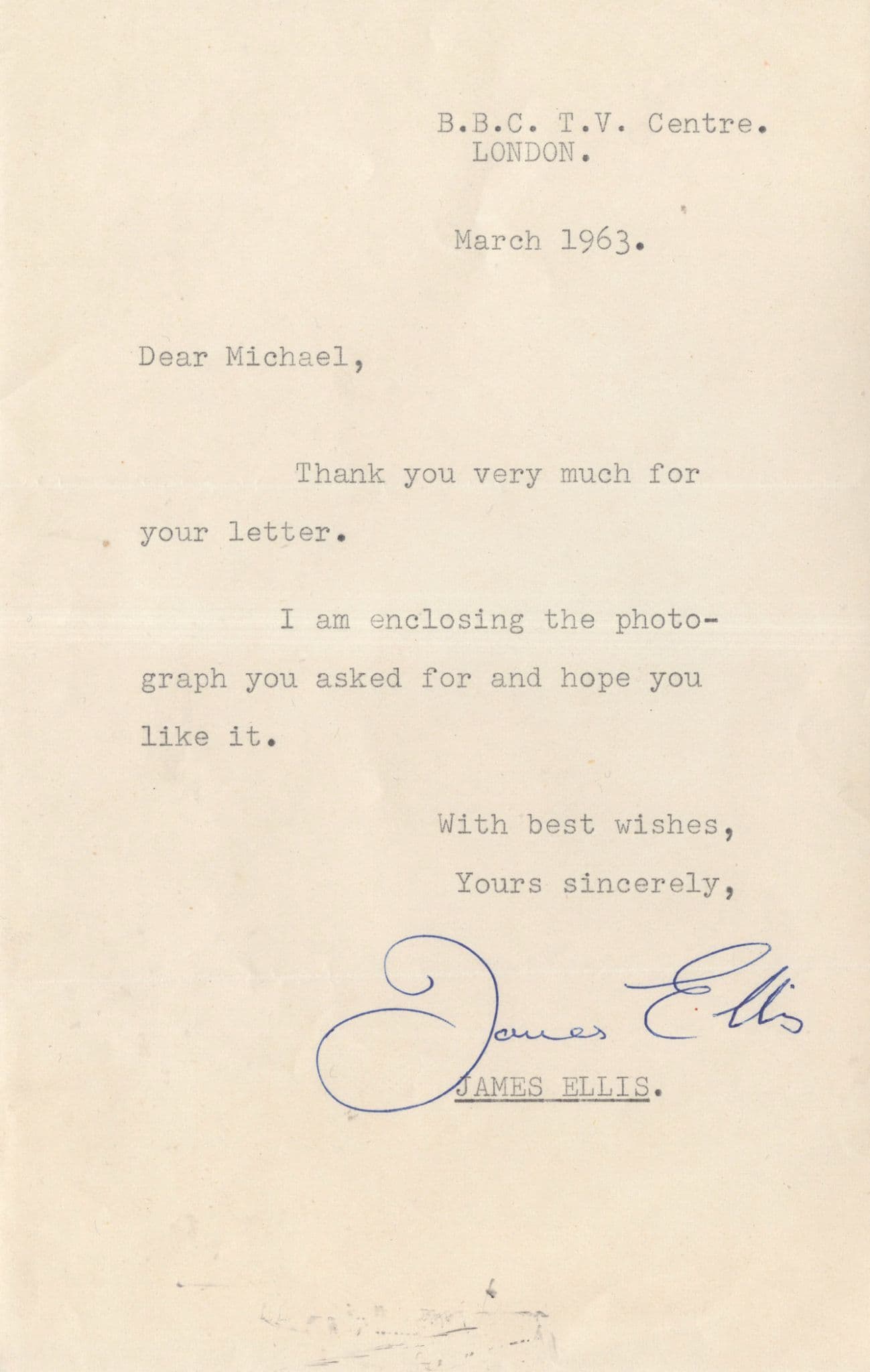James Ellis Only Fools & Horses Z-Cars 1963 Hand Signed Letter