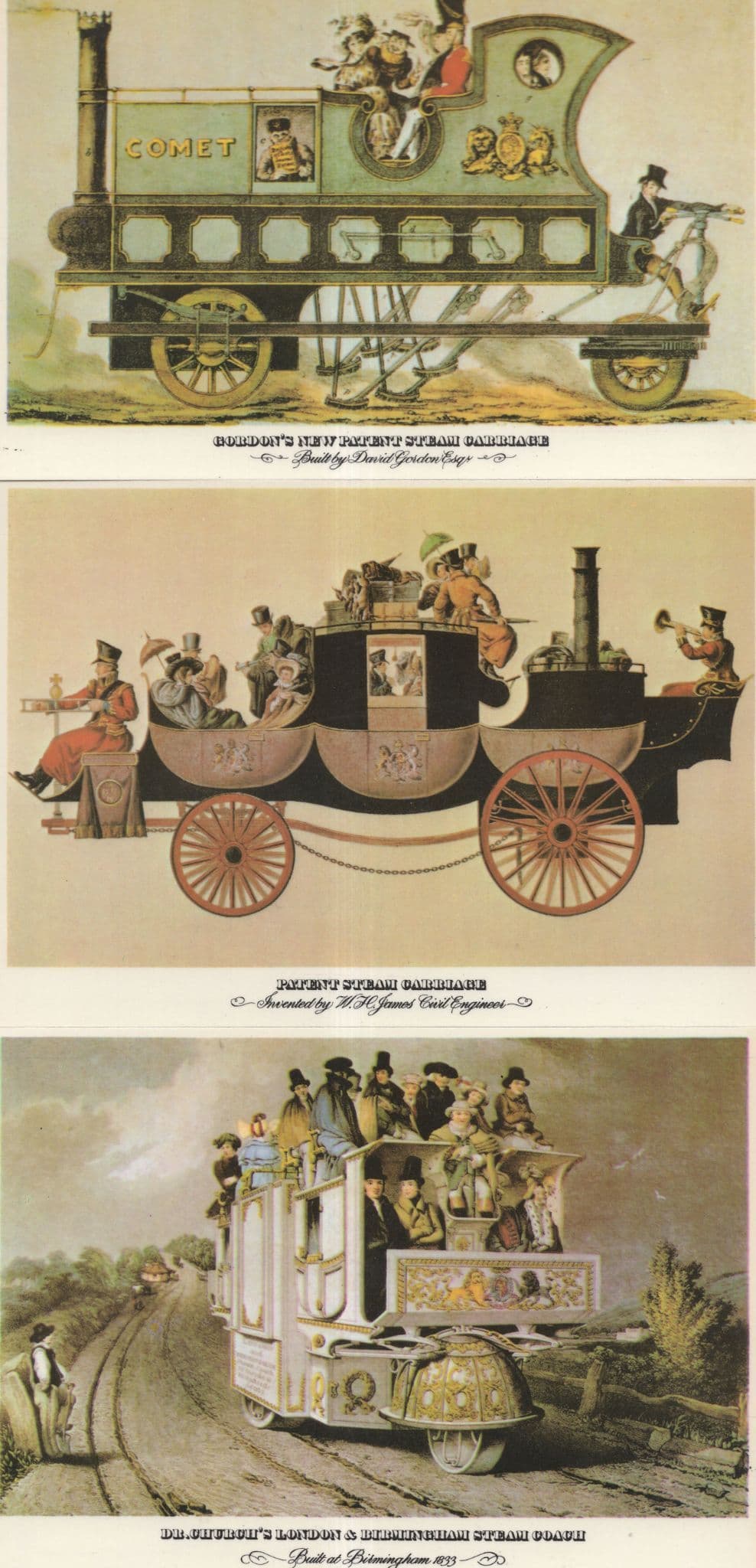 James Gordons Church's Steam Carriage Coach 3x Postcard s