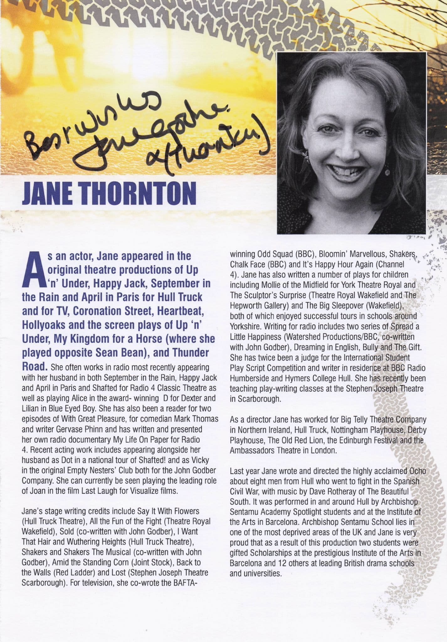 Jane Thornton Hollyoaks Hand Signed Photo Theatre Page