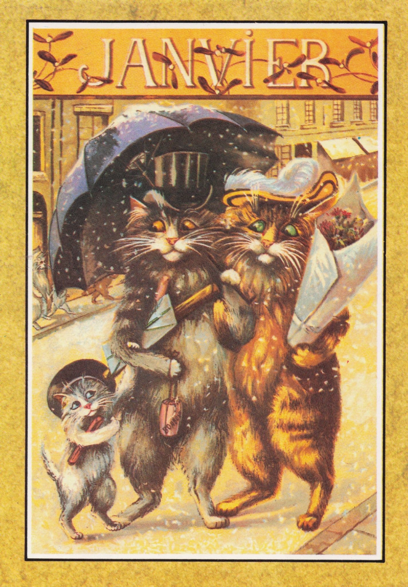Janvier Cold Cats Snowing Umbrella Calendar French Cat Postcard