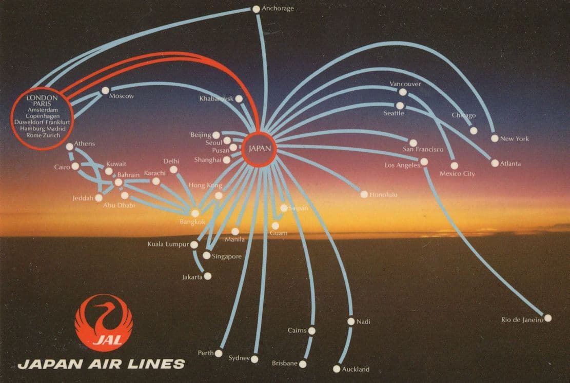 Japan Air Lines Map Tokyo To Paris Plane Advertising Postcard