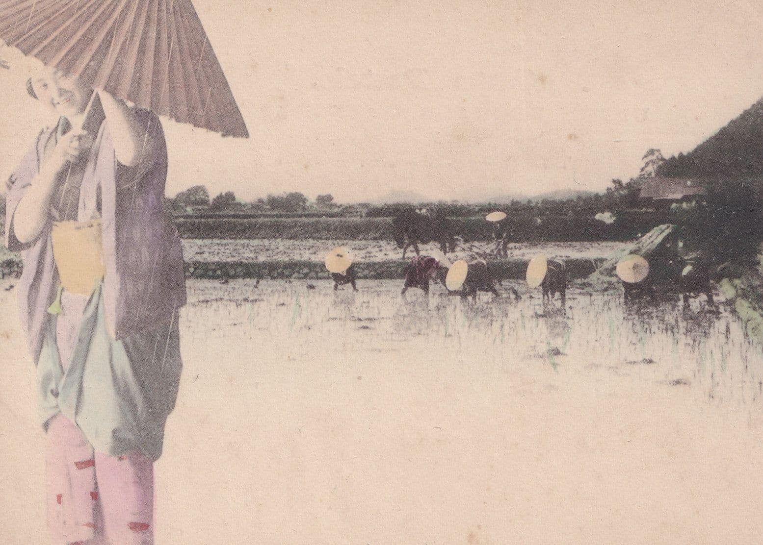 Japanese Lady Laughing Disaster Weather Umbrella Kasa Old Comic Postcard