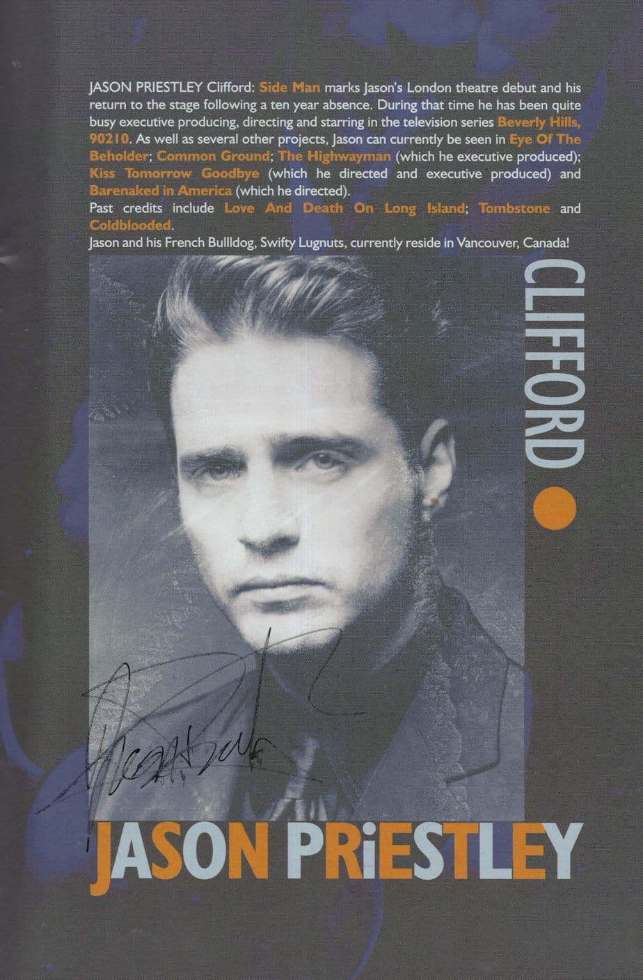 Jason Priestley Side Man Jazz London Hand Signed Theatre Programme
