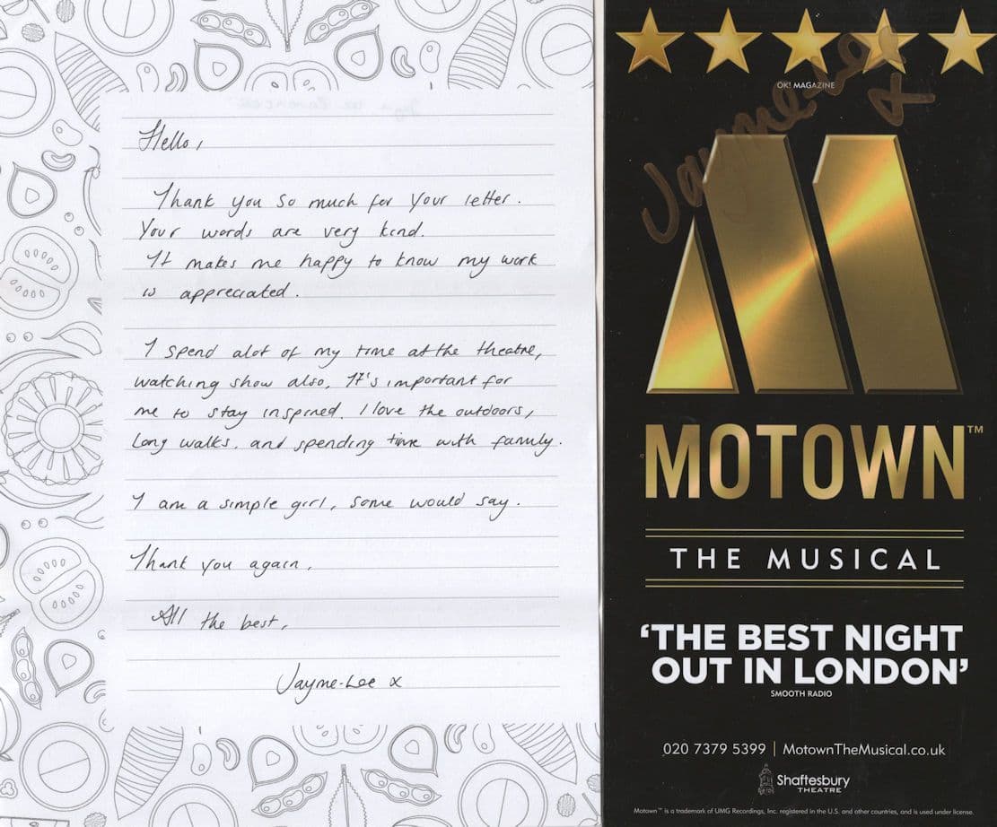 Jayme Lee Zanocelli Motown The Musical Hand Signed Flyer & Personal Letter