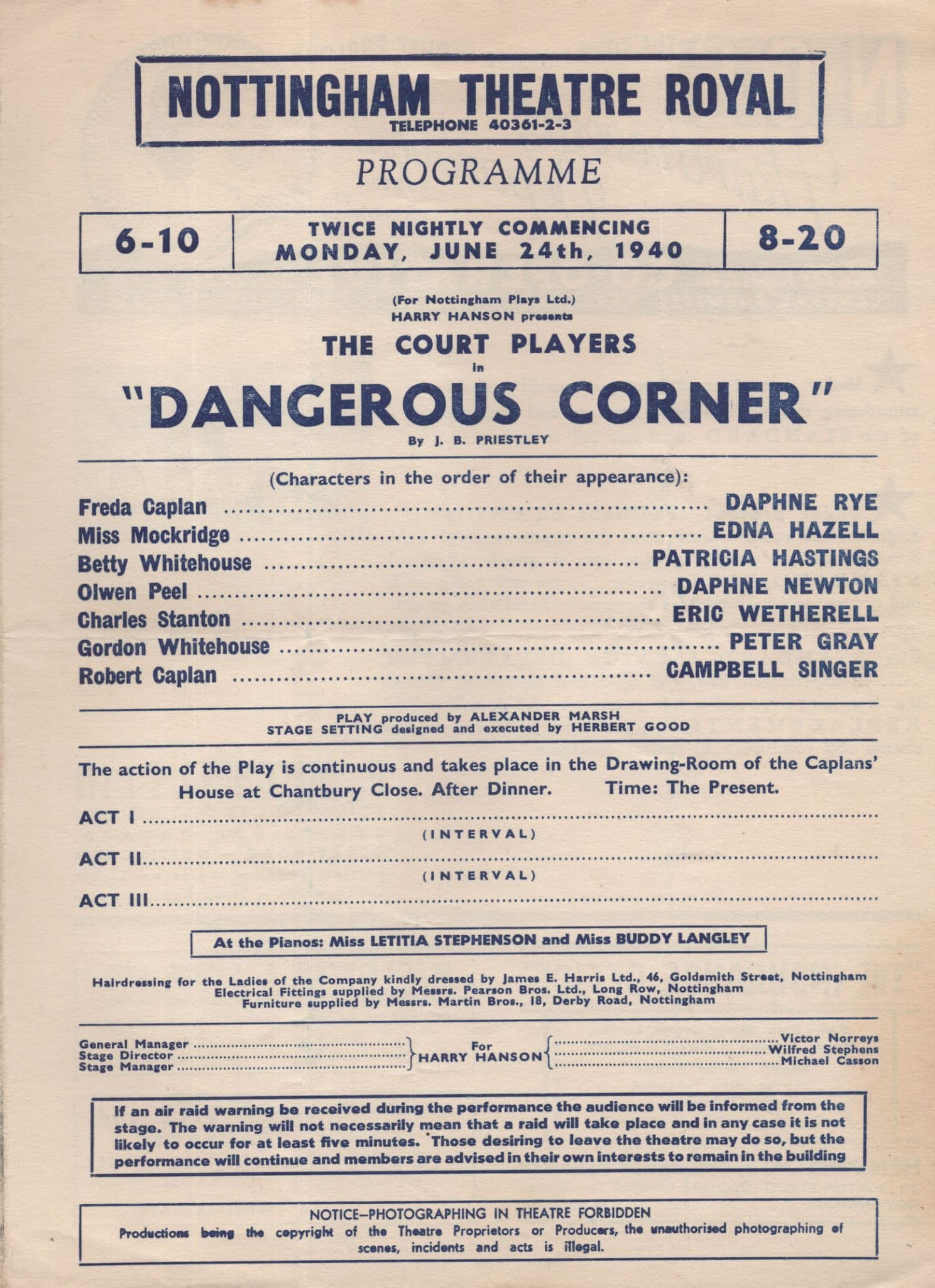JB Priestley Dangerous Corner WW2 Nottingham Theatre Programme