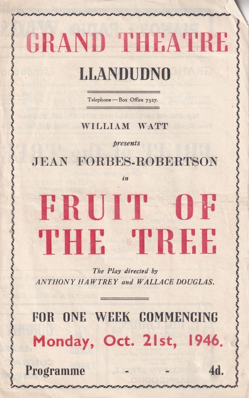 Jean Forbes Robertson Of Peter Pan Fame 1946 Llandudno Welsh Theatre Programme