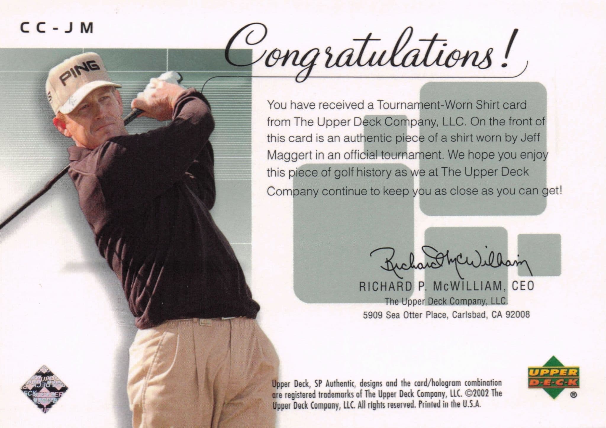 Jeff Maggert Course Classics Upper Deck 2002 Real Relic Golf Shirt Card