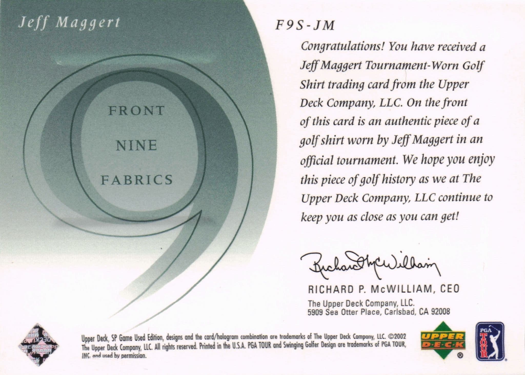Jeff Maggert Front 9 Fabric 2002 Upper Deck Authentic Shirt Card