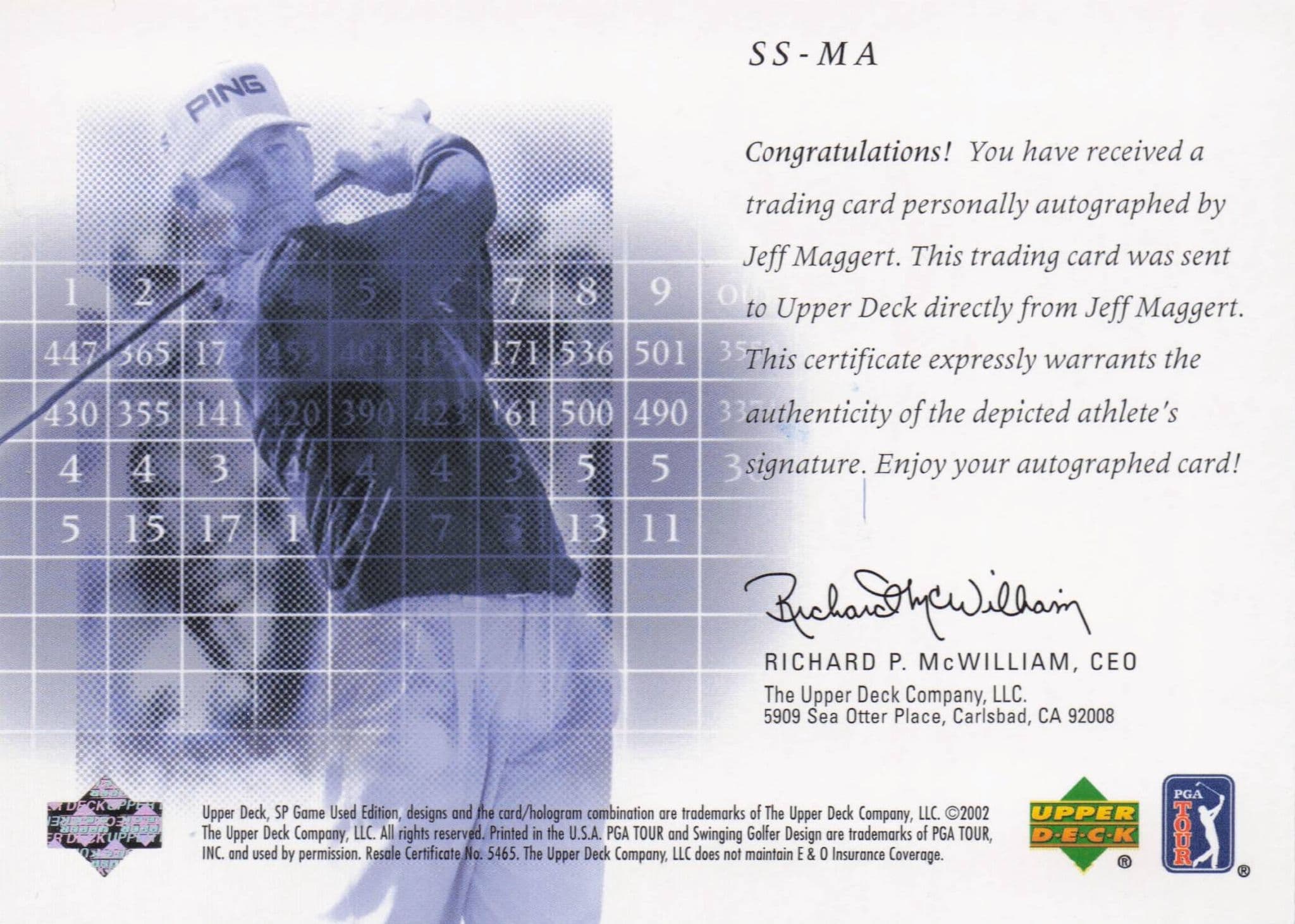 Jeff Maggert Scorecard Signatures Hand Signed 2002 SP Golf Autograph Card