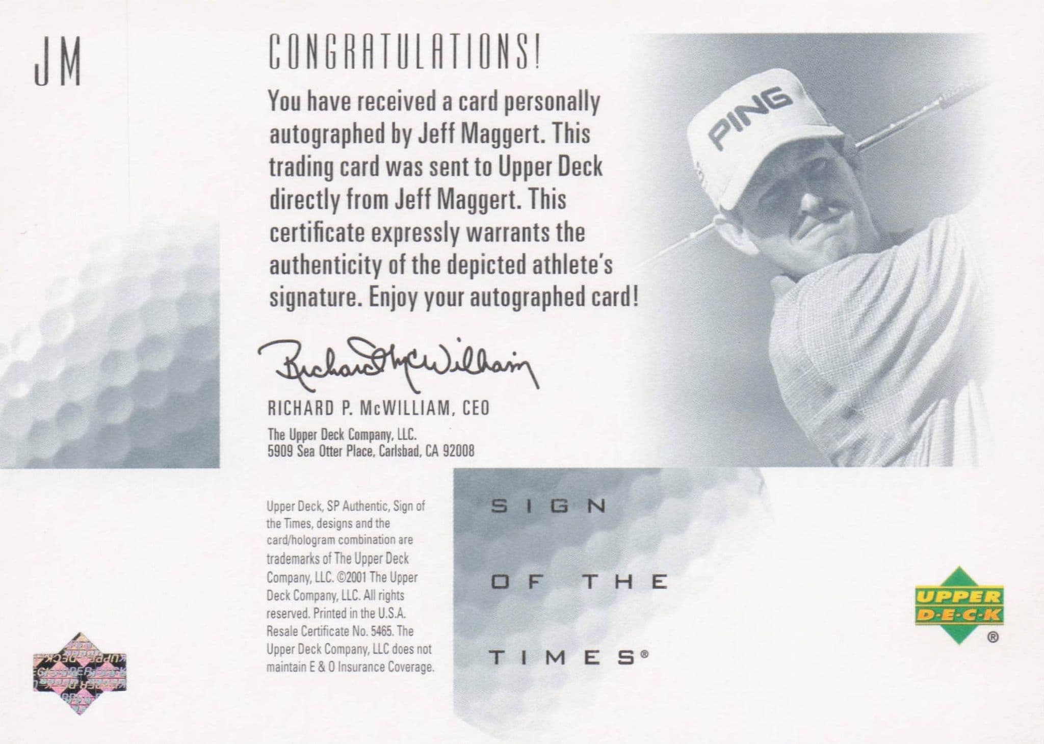 Jeff Maggert Sign Of The Times Hand Signed 2001 SP Golf Autograph Card
