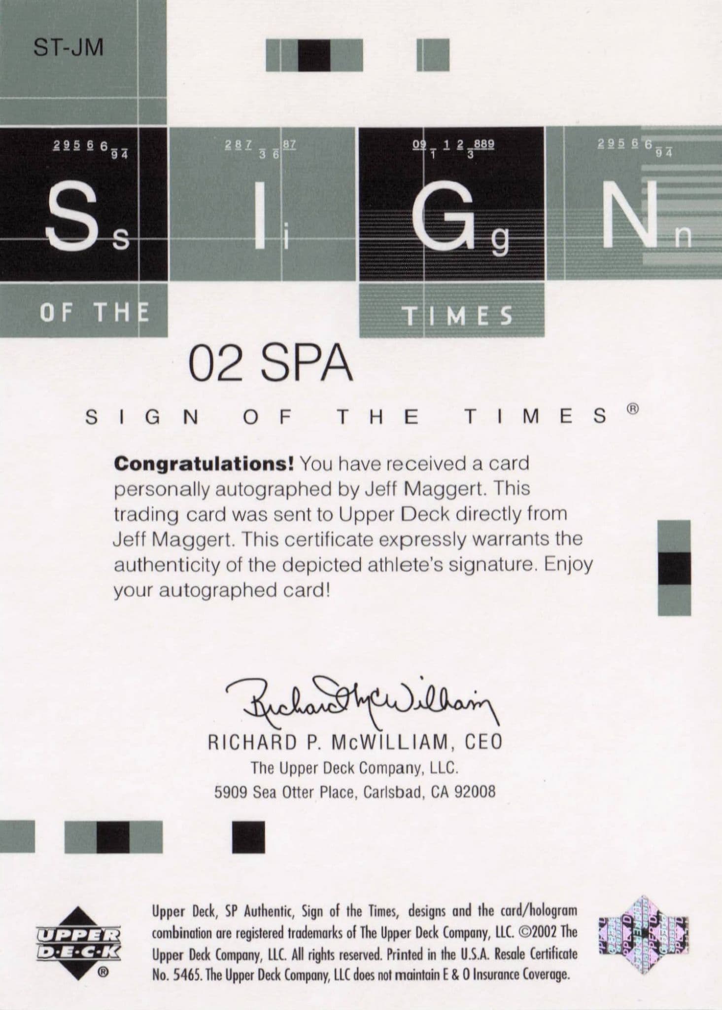 Jeff Maggert Sign Of The Times Hand Signed 2002 SP Golf Autograph Card