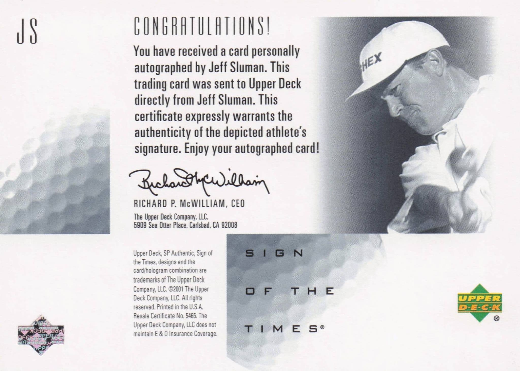 Jeff Sluman Sign Of The Times Hand Signed 2001 SP Golf Autograph Card