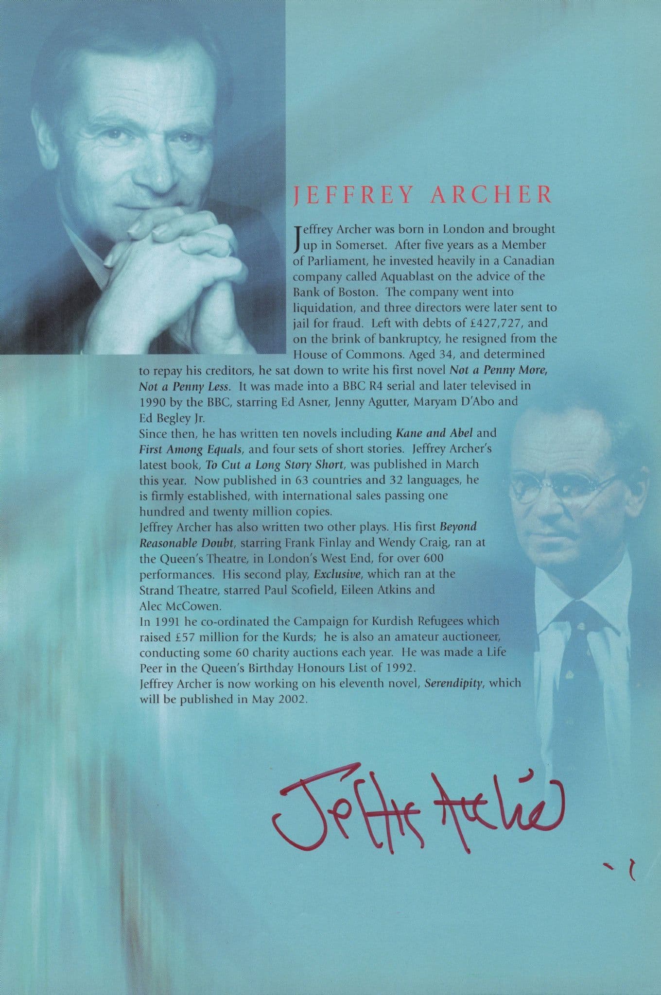 Jeffrey Archer Conservative MP Hand Signed Photo Theatre Page