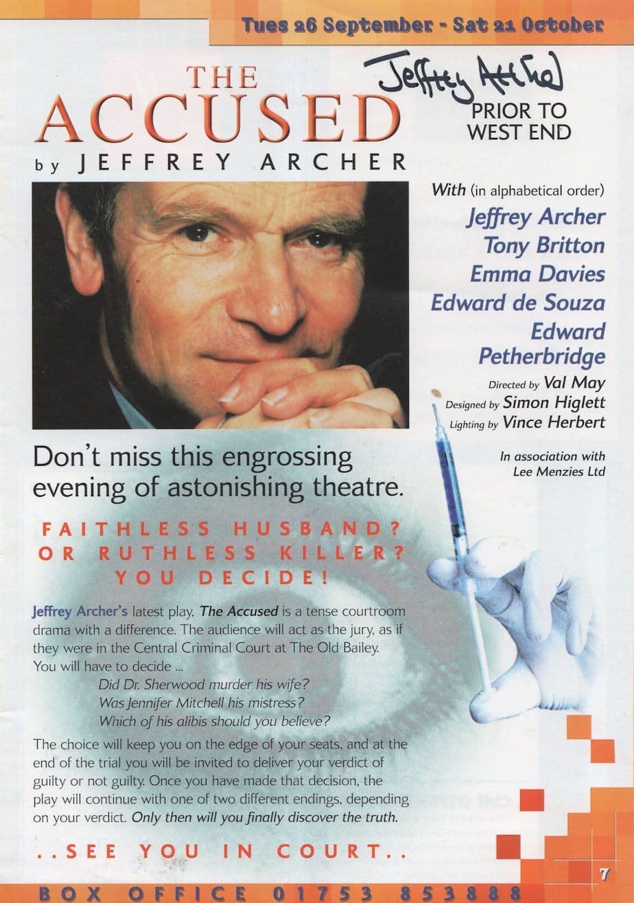 Jeffrey Archer Hand Signed The Accused Autograph Theatre Flyer