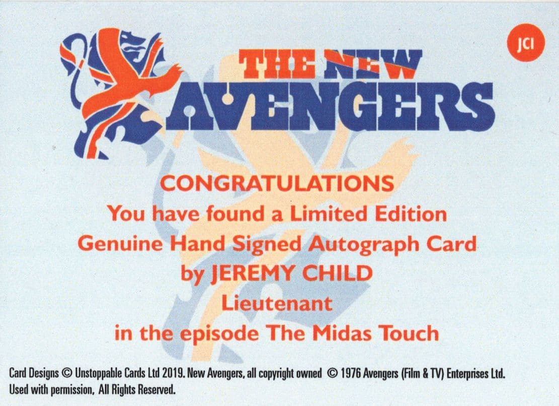 Jeremy Child The New Avengers Hand Signed Autograph Card