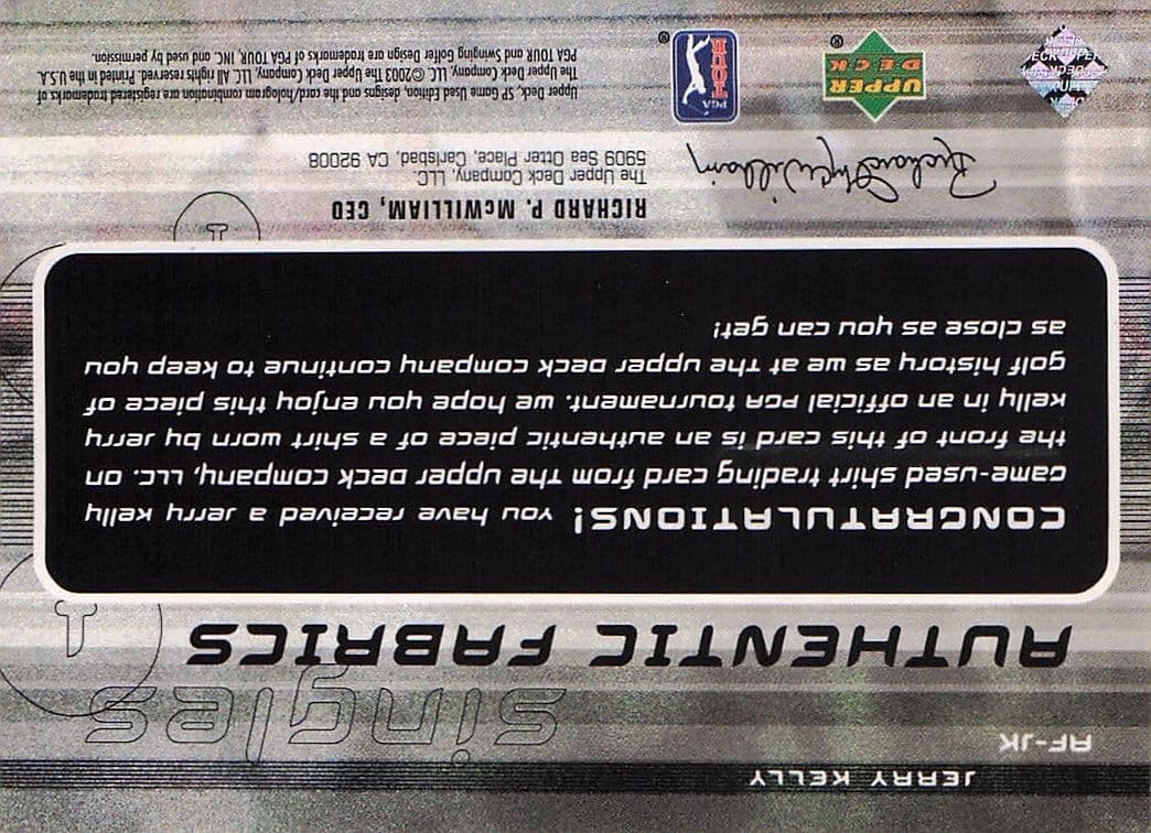 Jerry Kelly Authentic Fabrics Singles 2003 Golf Upper Deck Worn Shirt Card