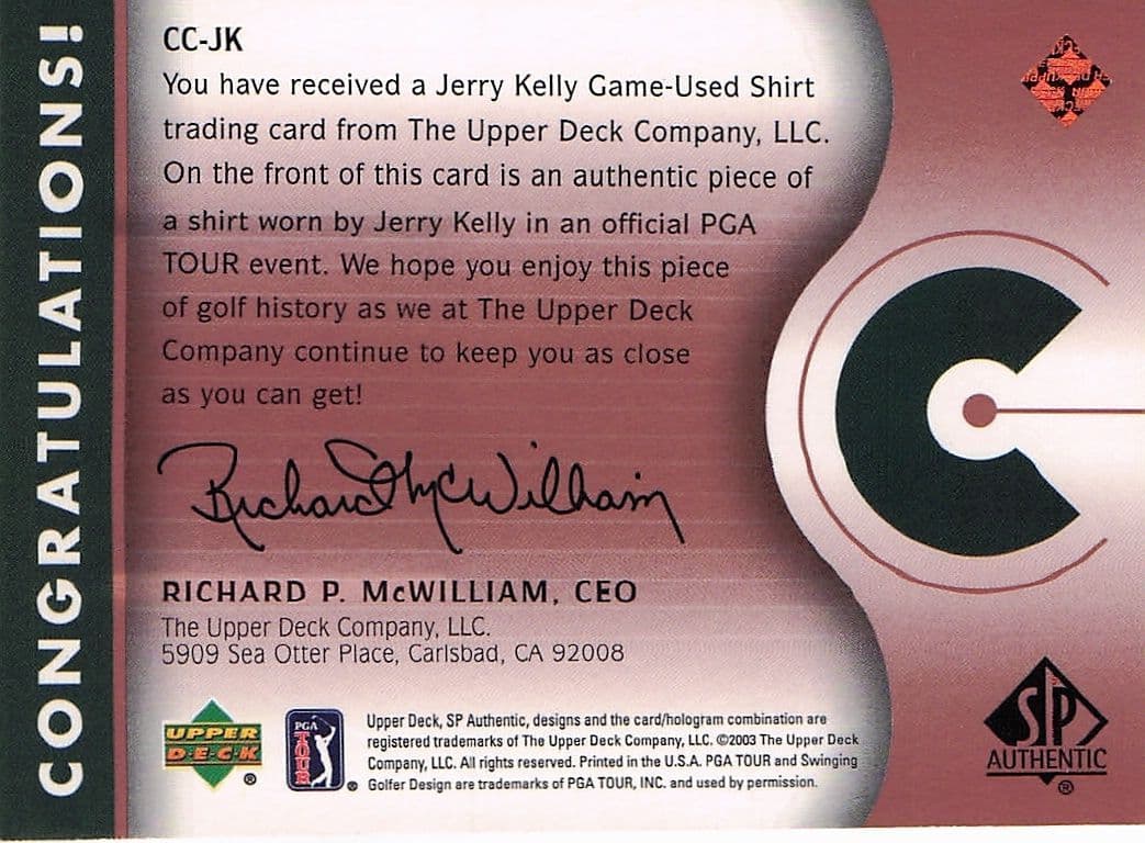 Jerry Kelly Course Classics 2003 Authentic Worn PGA Tour Golf Shirt Card