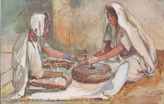 Jerusalem Two Women Grinding At A Hand Mill Antique Postcard