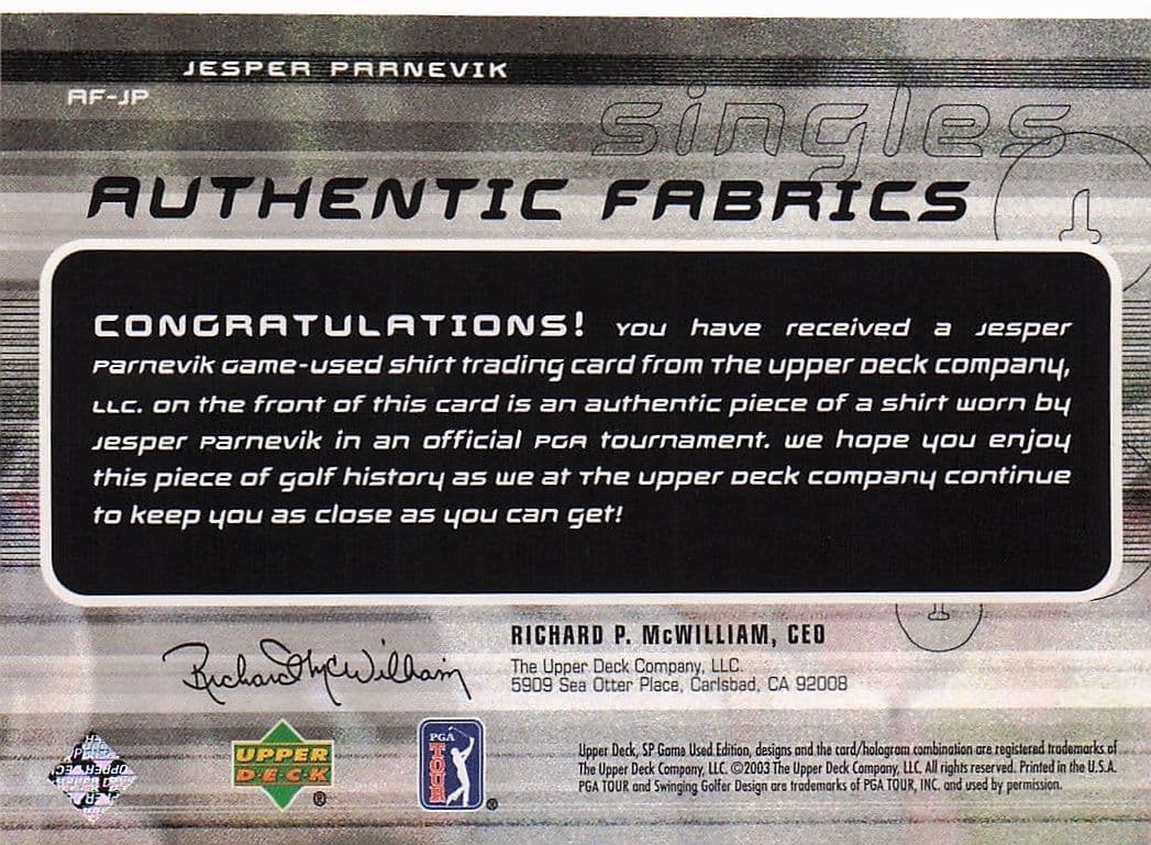 Jesper Parnevik Authentic Fabrics Singles 2003 Golf Upper Deck Worn Shirt Card