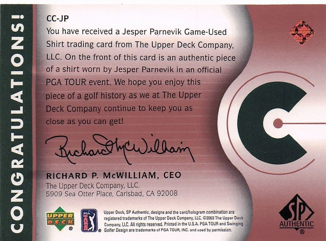 Jesper Parnevik Course Classics 2003 Authentic Worn PGA Tour Golf Shirt Card