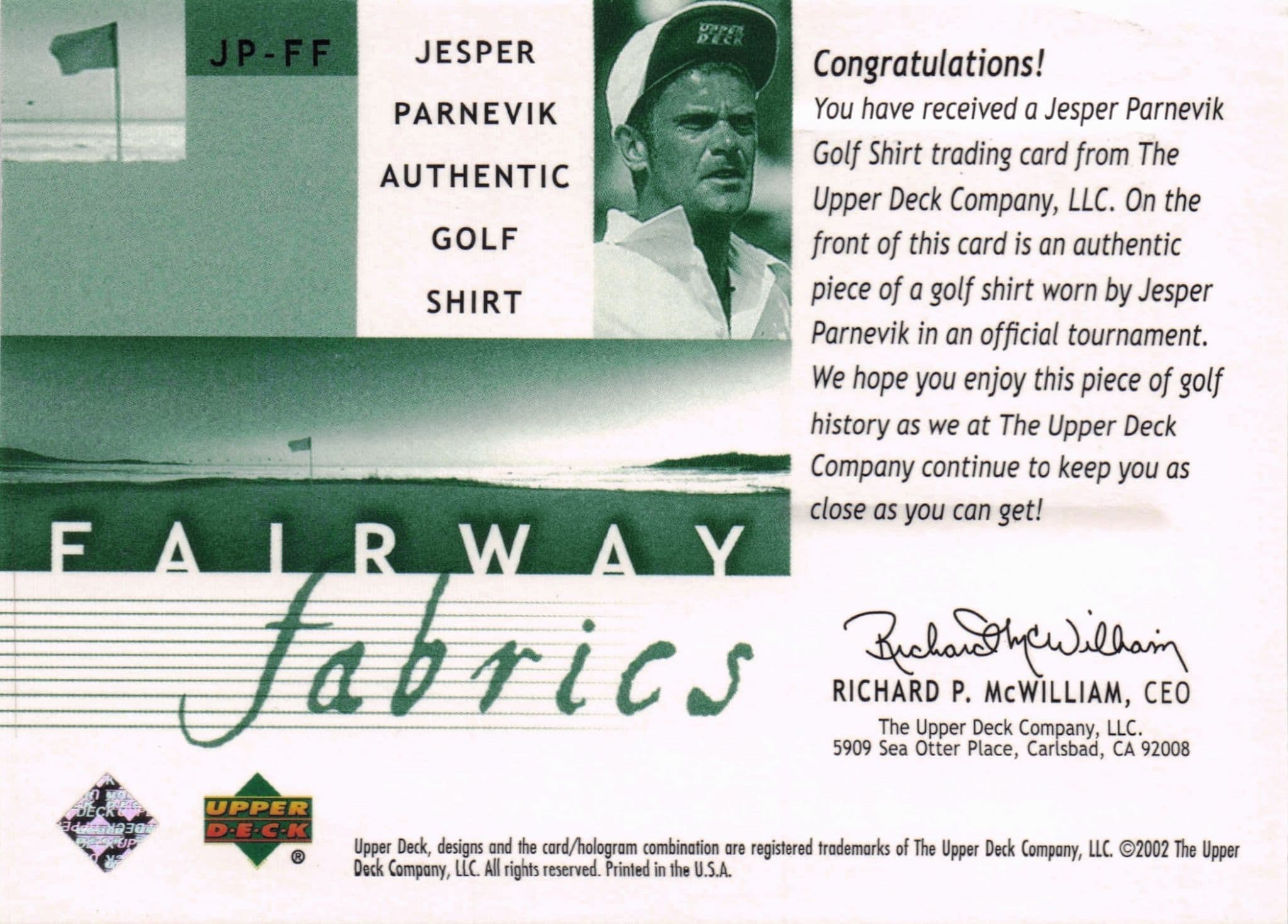 Jesper Parnevik Fairway Fabrics 2002 Golf Upper Deck Real Worn Shirt Relic Card