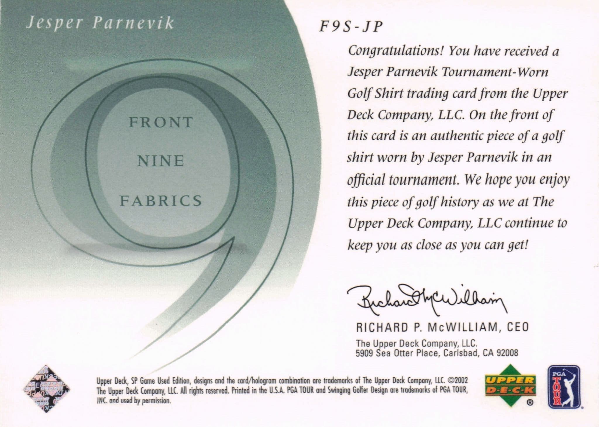 Jesper Parnevik Front 9 Fabric 2002 Upper Deck Authentic Shirt Card