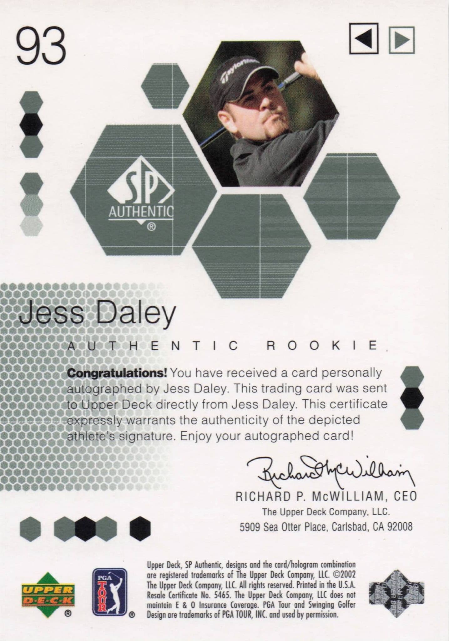 Jess Daley Authentic Rookie 2002 Golf SP Hand Signed Autograph Card