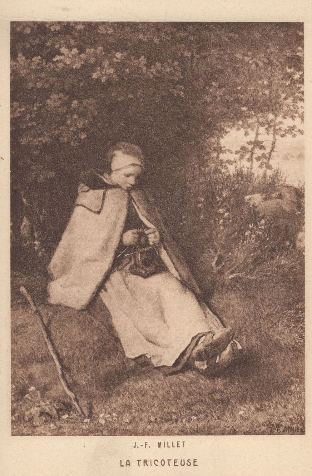 JF Millet La Tricoteuse Antique French Painting Postcard