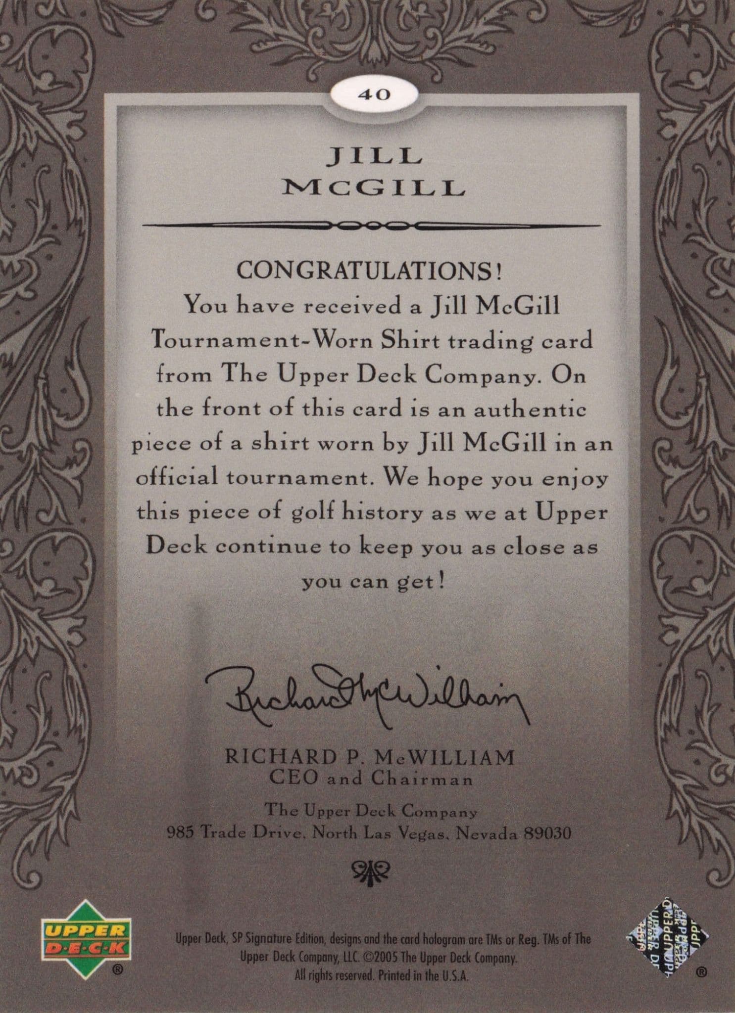 Jill McGill First Tee SP 2005 Golf Upper Deck Relic Shirt Card