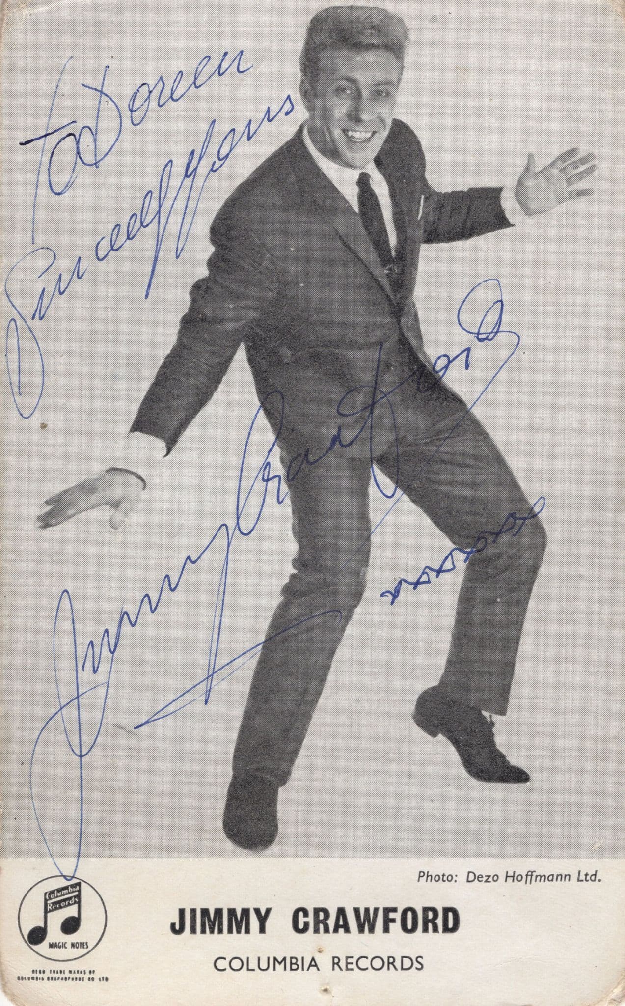 Jimmy Crawford 1960s Pop Singer Hand Signed Fan Club Photo