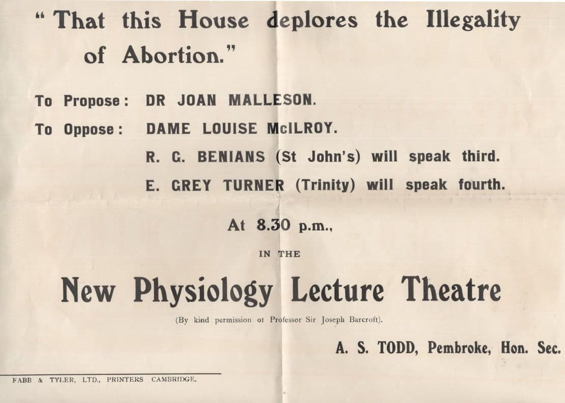 Joan Malleson Historic Abortion Campaigner Lecture Old Cambridge Poster