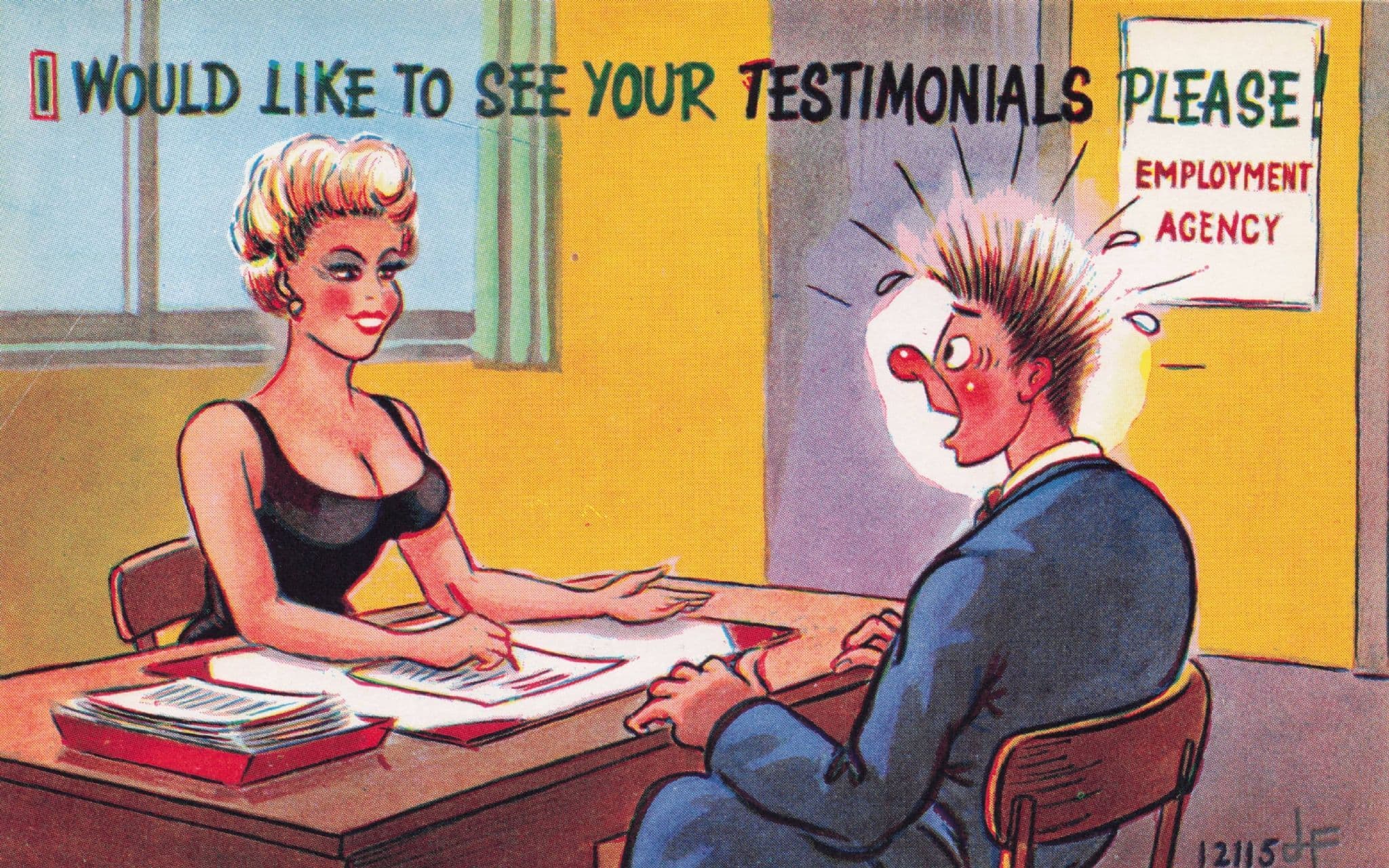 Job Centre Sexy Employment Lady Testimonials 1970s Comic Postcard